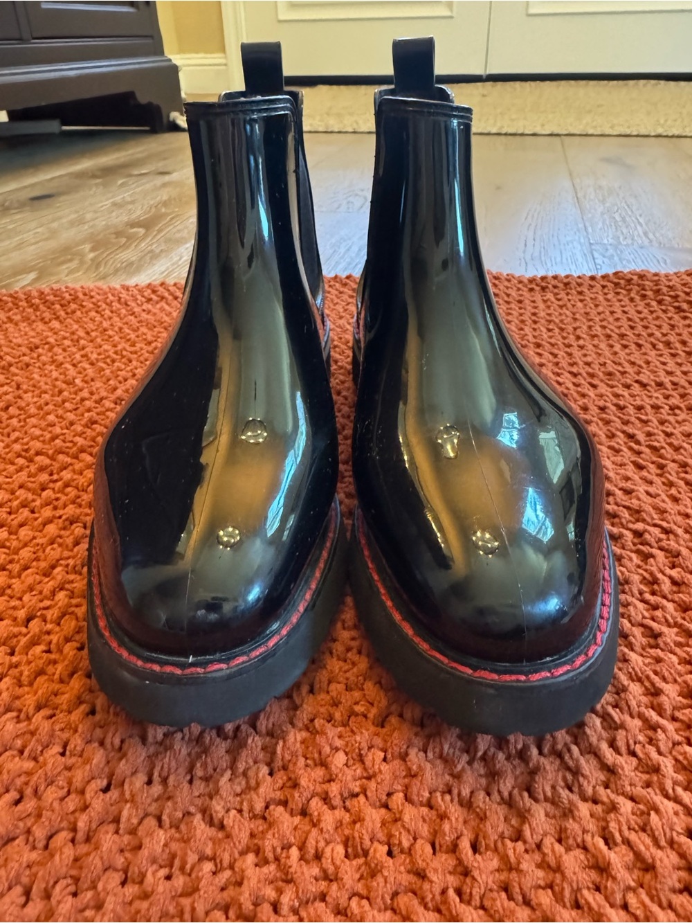Cougar Black Patent Chelsea Rain Boots with Red Trim